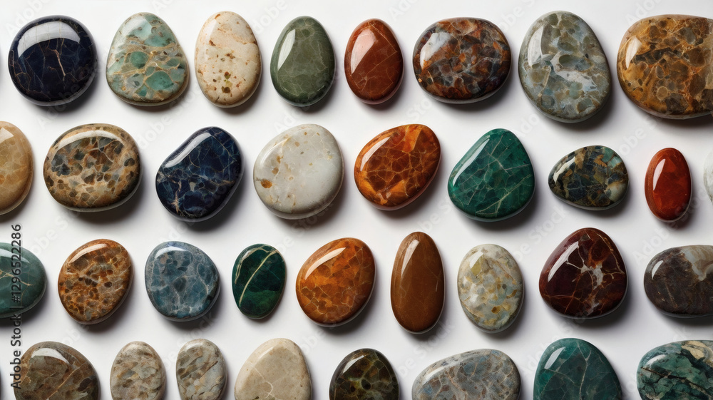 Poster a collection of colorful polished stones, arranged in neat rows, showcasing their smooth textures