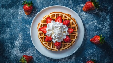 A golden waffle with fresh strawberries and whipped cream, captured from the top view on a white plate.