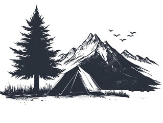 Captivating scene of a tent in the woods with a bird gracefully flying overhead in nature