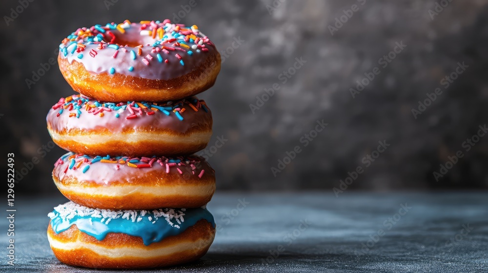 Aufkleber a group of donuts stacked in a tower, various glazes and toppings adding vibrant colors, ample negat