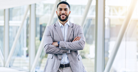 Fototapeta premium Professional portrait, arms crossed or happy business man confident in law firm success, career or advocate work. Legal expert, pride or corporate lawyer, attorney or manager smile for job experience