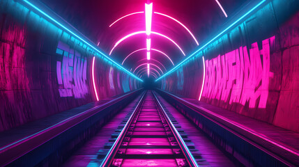 Fototapeta premium Underground railway tracks illuminated by neon pink and cyan lights. Neon Graffiti Cyberpunk Tunnel. Illustration