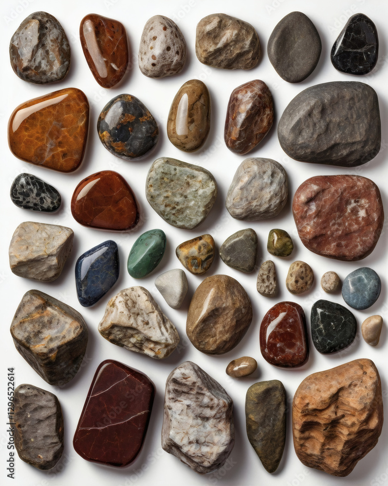 Poster a collection of various colorful rocks and stones arranged together. different shapes, sizes, and te