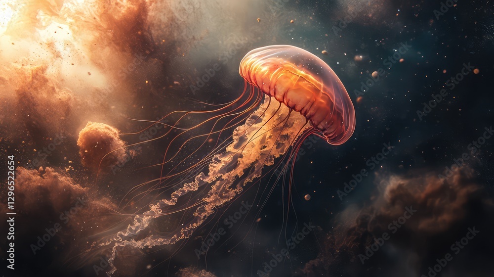 Poster a jellyfish suspended in deep waters, surrounded by floating dust particles and soft light rays.