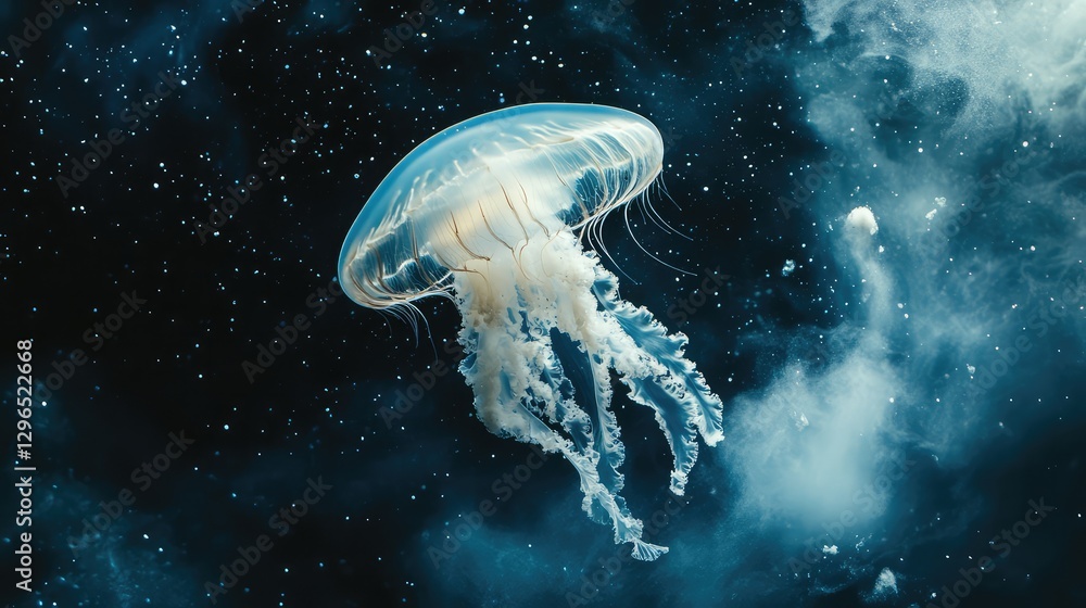 Poster a jellyfish suspended in deep waters, surrounded by floating dust particles and soft light rays.