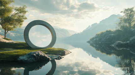 Surreal landscape with a large circular mirror by a lake reflecting the sky.