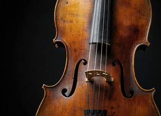 Close-up of an old cello, black background, musical instrument, close-up of the body and neck of the cello, high resolution, 