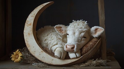Stuffed cow sleeping in a crescent moon cradle