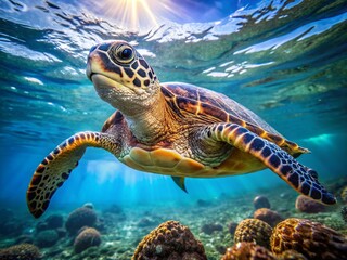 Fototapeta premium Hawksbill Sea Turtle (Eretmochelys imbricata) Underwater Portrait - Stunning Ocean Wildlife Stock Photo