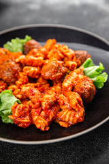 Pasta meatballs tomato sauce fresh tasty food dish delicious gourmet food background on the table rustic food top view copy space