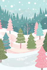 A dreamy illustration of a winter forest with pastel-colored Christmas trees and softly falling snowflakes, creating a whimsical holiday atmosphere.