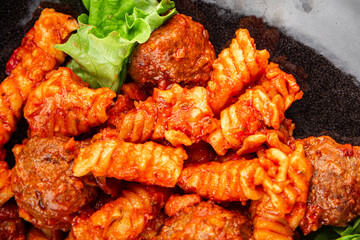 Pasta meatballs tomato sauce fresh tasty food dish delicious gourmet food background on the table rustic food top view copy space