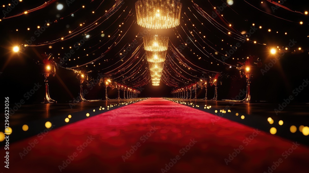Poster a luxurious red carpet with golden lighting and a dark backdrop, creating the perfect space for addi