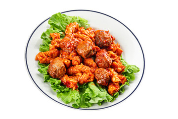 Pasta meatballs tomato sauce fresh tasty food dish delicious gourmet food background on the table rustic food top view copy space