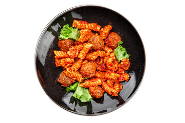 Pasta meatballs tomato sauce fresh tasty food dish delicious gourmet food background on the table rustic food top view copy space