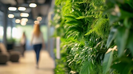 Lush Indoor Plant Wall with Soft Focus in Modern Office Environment
