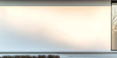 Modern architectural design featuring a minimalist wall in soft lighting at sunset