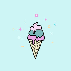 sweet food drink ice cream cone with melted condition. cartoon emoticon. doodle icon drawing