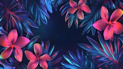 Fototapeta premium Tropical Flowers and Leaves with Neon Lighting for Modern Decoration