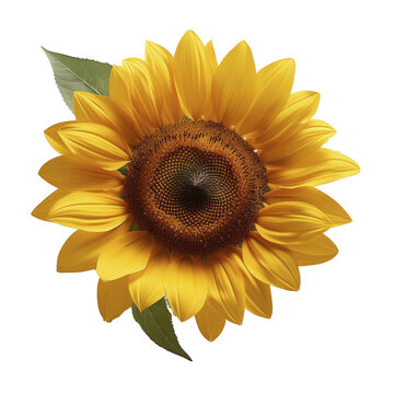 Flor de girassol, amarela com pequenas folhas verdes, e p&eacute;talas ao redor. Plantas, sementes, &oacute;leos. Bot&acirc;nica, estudo de flores e seus benef&iacute;cios. Isolada em fundo branco ou transparente. 