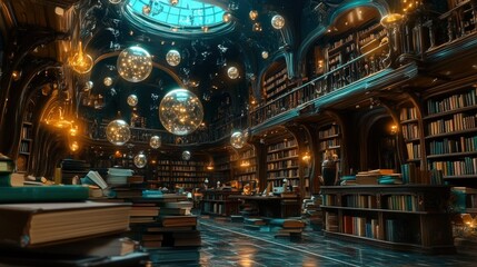 Fototapeta premium Celestial Library's Aura: Behold a majestic, celestial library bathed in a magical, ethereal glow, filled with books, globes, and a sense of endless knowledge. 