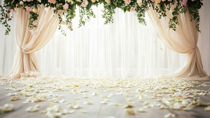 A romantic wedding backdrop with cascading fabric and flower petals scattered across the ground, with plenty of space for customization.