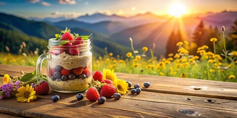 Fototapeta premium Healthy Overnight Oats with Berries: Delicious & Easy Breakfast in a Jar