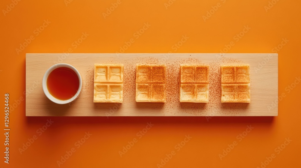 Aufkleber a set of waffles arranged on a wooden board with maple syrup and a sprinkle of cinnamon, clean and s