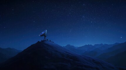 Satellite Dish on Hilltop Under Starry Night Sky with Mountain View