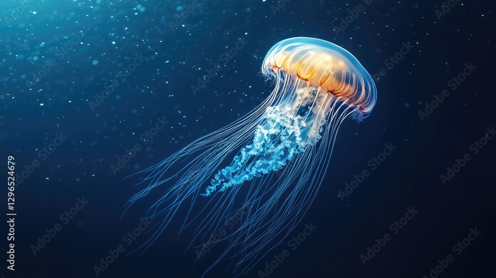 Poster a single luminous jellyfish drifting alone in an abstract, deep blue ocean, soft lighting and floati
