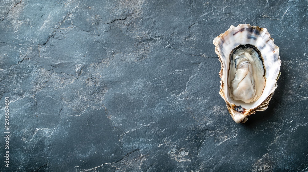 Poster a single oyster shell lying on a dark slate background with dramatic lighting and shadow depth.