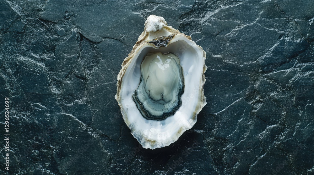 Poster a single oyster shell lying on a dark slate background with dramatic lighting and shadow depth.