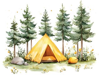 Artistic watercolor painting of a cozy camping tent nestled in a lush green forest scene