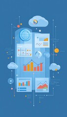 Data visualization on cloud for business intelligence. Reporting graphs, charts are in the background