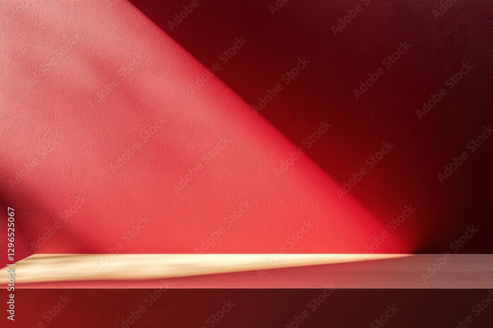 Aufkleber Empty tabletop displaying products on red wall with light and shadow