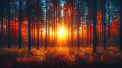 Vibrant sunset illuminating autumn forest.