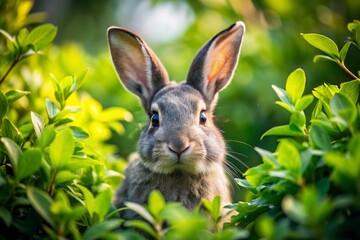 Fototapeta premium Hidden Gray Rabbit in Bush: Cute Wildlife Stock Photo with Copy Space
