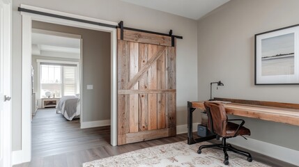 Rustic Home Office with Barn Door and Wooden Desk