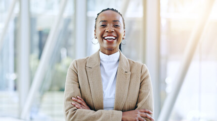Professional portrait, arms crossed and happy black woman confident in company manager, career or...