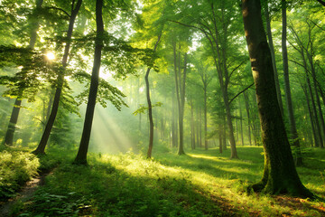 Fototapeta premium Lush Green Forest with Sunlight Streaming Through the Canopy