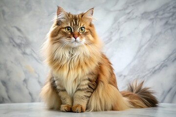 Highland Fluffy Golden Chinchilla Cat Posing on Marble