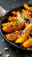 Grilled pumpkin slices drizzled with honey and sprinkled with pine nuts enjoyed during a cozy autumn gathering