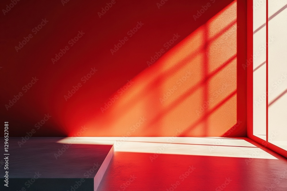 Aufkleber Empty tabletop displaying products on red wall with window light and shadow