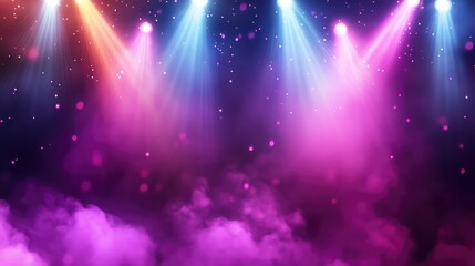 A vibrant concert background with pulsing lights, glowing effects, and fog, perfect for overlaying event logos or details.