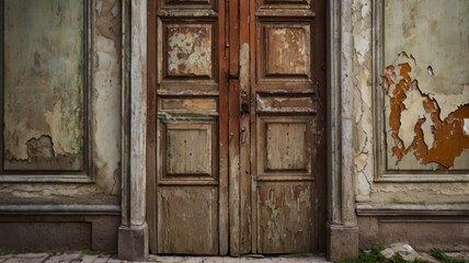 Art photograph worn old door and walls with slight cracks 