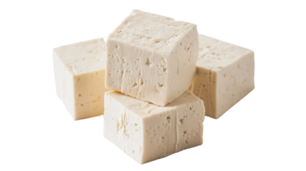 Fresh tofu cubes forming a stack on transparent background