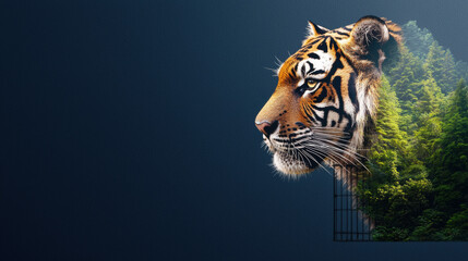 A majestic tiger's profile merges with a lush forest backdrop, highlighting the beauty of wildlife and nature.