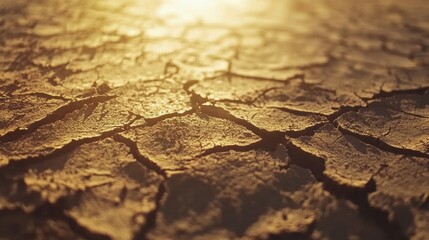 Fototapeta premium Dry cracked earth reflecting sunlight during late afternoon in a desolate landscape. Generative AI