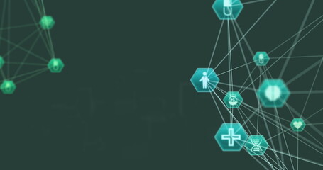 Image of network of connections with medical icons over green background
