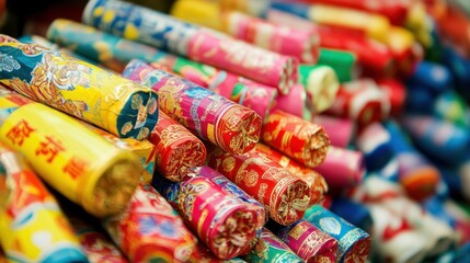 Fototapeta premium Stack of Decorative Firecrackers with Colorful Asian Designs for Celebrations
